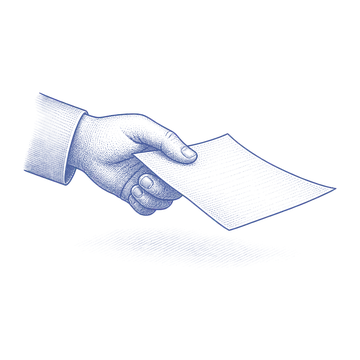 紙を渡す手とペンを描いた青い銅版画風の挿絵