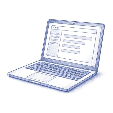 ノートパソコンを描いた青い銅版画風の挿絵